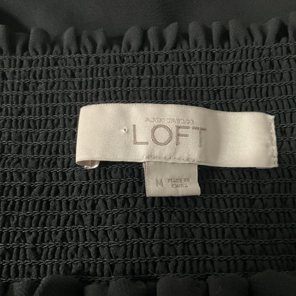LOFT Top‎ Womens Sz M Black Smocked Neck 3/4 Sleeve Sheer Blouse Romantic Flowy
